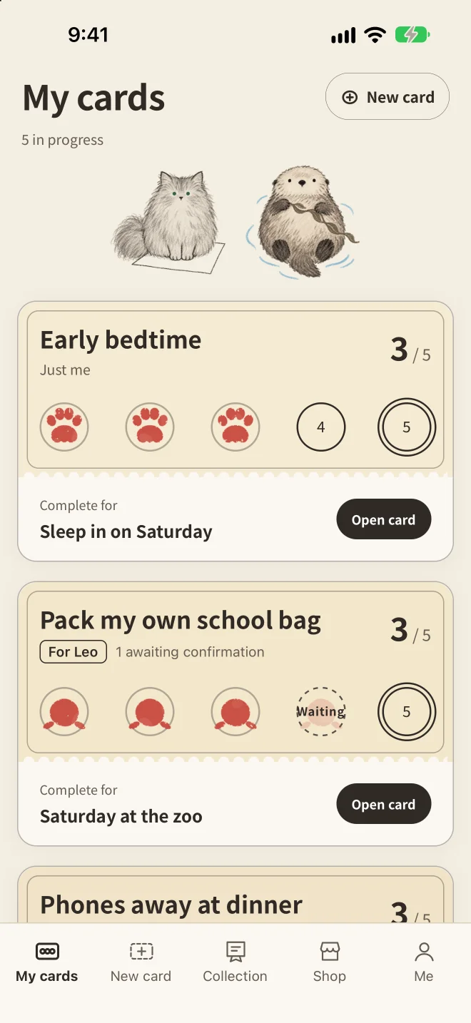 Dotdotjoy app showing cards for sleeping early, working out, and a date night